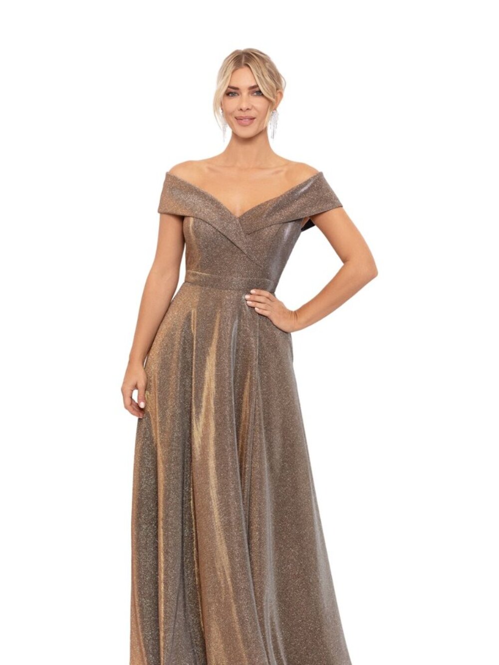 Xscape Women's Off the Shoulder Glitter Fit and Flare Gown; size 12; color sand